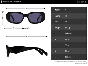 Detailed size chart for retro square sunglasses with frame and lens dimensions in millimeters