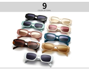 Flat lay of narrow rectangular sunglasses in nine colors including tortoiseshell and pastel hues