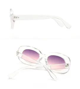 Detail view of transparent sunglasses frames with gradient purple lenses and model W307 specs