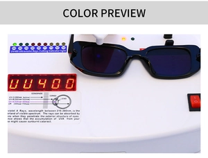 Close-up of square black sunglasses on a UV400 tester showing full UV protection