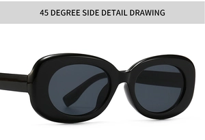 Detailed 45-degree side view of retro black oval sunglasses with glossy frames