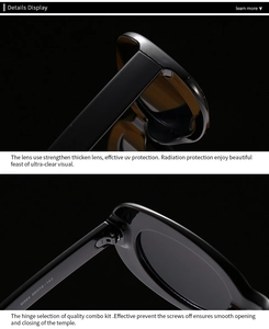 Detail of durable hinges and UV protection lenses on retro square frame sunglasses