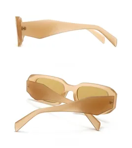 Side and back view of retro rectangle sunglasses with amber frames and yellow lenses