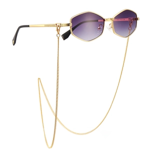 Retro hexagonal metal sunglasses with purple gradient lenses and gold chain link