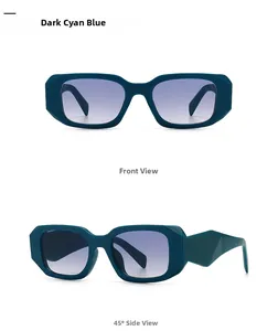 Detail of dark cyan rectangle sunglasses with gradient blue lenses and geometric temples