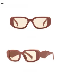 Detailed front and 45-degree side views of retro rectangle sunglasses in red light tan