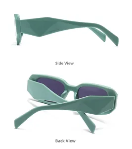 Detail view of mint green geometric sunglasses showing 3D faceted temples and back profile