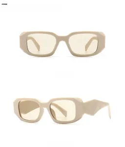 Front and 45-degree side view of beige light tan rectangle sunglasses in high-quality acetate
