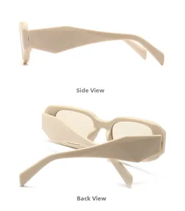 Side and back view of creamy white geometric sunglasses with faceted temples
