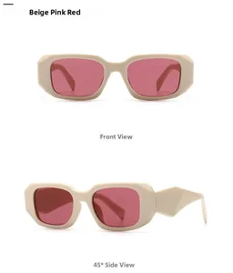 Front and 45-degree side views of modern retro square beige sunglasses with pink lenses