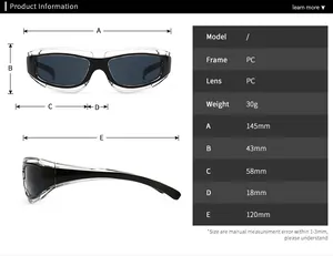 Size chart showing technical measurements for rectangular PC frame sunglasses