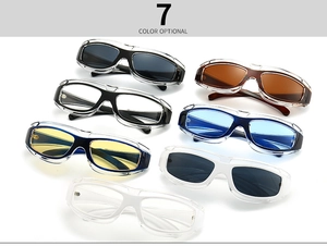 Overhead view showing seven different color options for these modern square frame sunglasses