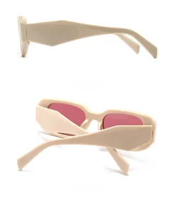 Detailed side and back view of cream rectangular sunglasses with pink tinted lenses
