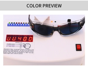 Detail showing square sunglasses on a UV400 testing device for professional eye protection