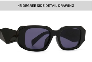 Close-up of modern rectangular sunglasses with bold black frames and 45-degree side profile