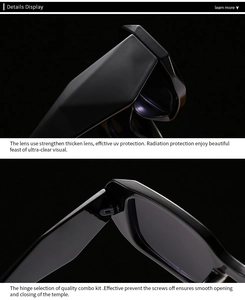 Detail display of sturdy hinges and UV protection thickened lenses on black sunglasses