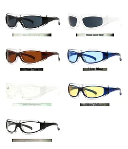 Detailed grid showing sporty wrap-around sunglasses in seven vibrant frame and lens colors