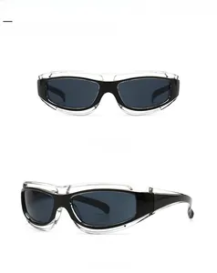 Front and 45-degree side view of modern black and grey square athletic sunglasses