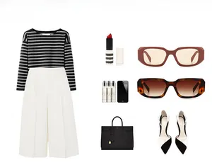 Flat lay of retro rectangle sunglasses paired with a modern striped top and leather handbag