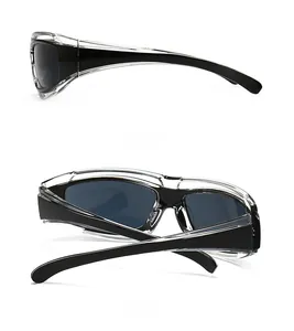 Side and back view of modern square sunglasses with black frame and clear outer edge details