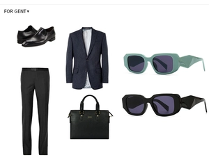 Flat lay of retro square sunglasses paired with a classic navy pinstripe suit and bag