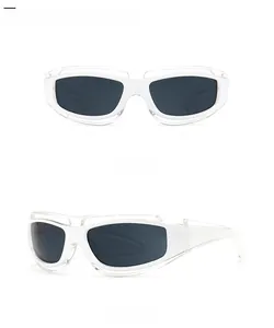 Front and side views of white translucent sports sunglasses with dark grey lenses