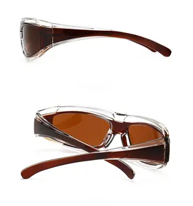 Side and back view of wrap-around rectangular sunglasses with transparent frames