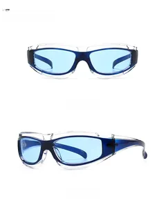 Front and side view of blue wrap-around sporty sunglasses with translucent frames