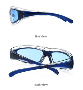 Side and back view of blue frame sports sunglasses with wrap-around protective design