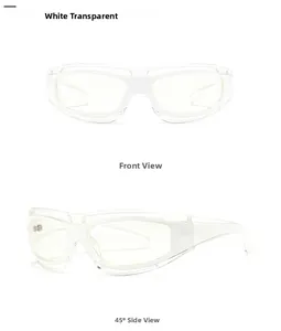 Front and side views of large white transparent frame sports sunglasses with wrap design