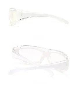Side and back view detail of modern white square frame sunglasses with clear lenses