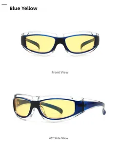Front and 45 degree side views of dual-tone blue and yellow cycling sunglasses