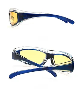 Detailed side and back views of sporty blue sunglasses with vibrant yellow lenses