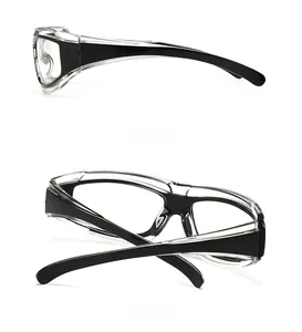 Side and back view of sleek black and clear wrap-around square frame sunglasses