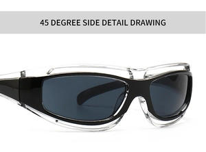 Detailed 45-degree view of modern sunglasses featuring black frame and transparent edges