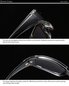 Detail of reinforced thick UV protection lenses and smooth high-quality hinges on sunglasses