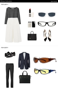 Flat lay of modern square sunglasses with trendy fashion outfits and accessories