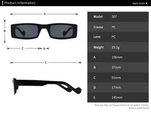 Detailed size chart for retro rectangular sunglasses with frame and lens dimensions