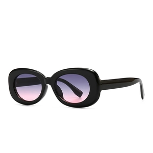 Retro thick black oval sunglasses with purple to pink gradient lenses for fashion