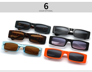 Flat lay of retro narrow rectangular sunglasses in six different stylish color options