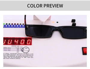 Detail showing sunglasses UV400 protection test with digital display and indicator