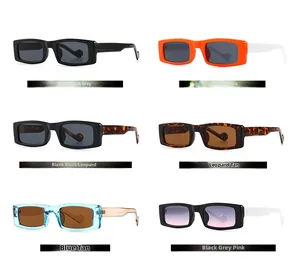 Matrix view of rectangular sunglasses in six assorted colors on a clean white backdrop