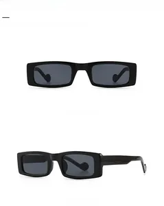 Front and 45-degree angle view of modern narrow rectangular black sunglasses with wide arms
