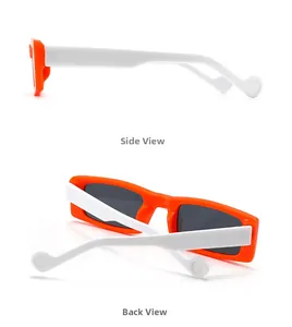 Side and back view of retro narrow rectangular sunglasses with orange and white frames