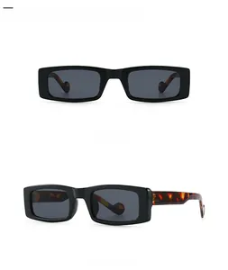Front and side view of retro rectangular sunglasses with black frames and tortoiseshell temples