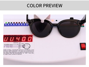 Gros plan des lunettes de soleil montrant le test de protection UV400 sur écran