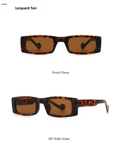 Detail view of retro leopard tan rectangle sunglasses showing front and 45-degree angles