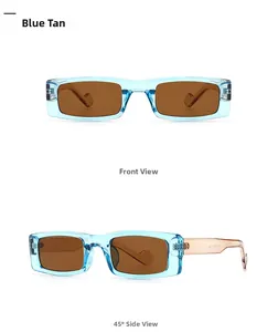 Detail of modern narrow rectangular sunglasses featuring clear blue frames and tan lenses