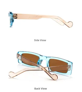 Detail view of M307 rectangle sunglasses featuring transparent blue frames and amber lenses
