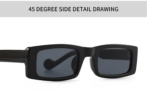 Detailed 45-degree side view of vintage narrow rectangular sunglasses with dark lenses